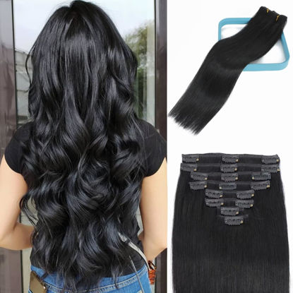 Picture of LORIEN Clip in Hair Extensions Real Human Hair, 18 Inch 100g, 1 Jet Black, Clip in 100% Brazilian Remy Human Hair Extensions 8pcs Per Set with 18 Clips Double Weft
