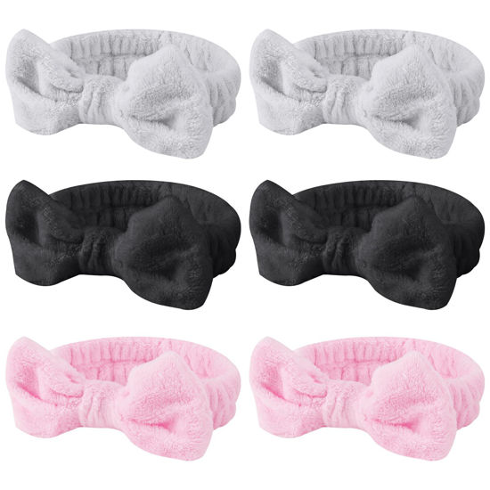 Picture of 6 Pcs Fluffy Spa Headbands with Bow Style, Soft Coral Fleece for Face Washing, Makeup, Shower, and Yoga