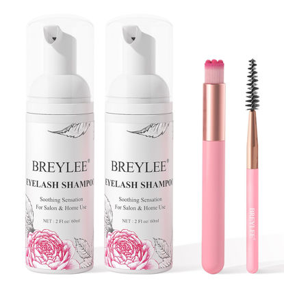 Picture of BREYLEE 60 ml* 2pcs Lash Shampoo for Lash Extensions, Brushes*4pcs, Eyelash Extension Cleanser, Lash Bath Wash Soap Foam Cleaner for Salon and Home Use