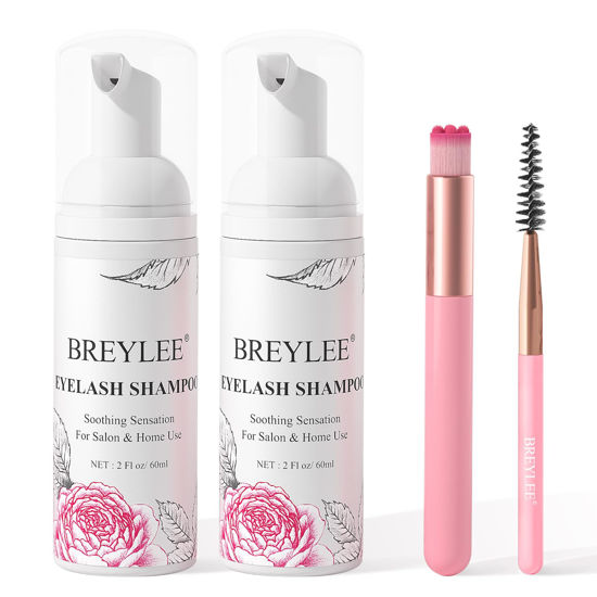Picture of BREYLEE 60 ml* 2pcs Lash Shampoo for Lash Extensions, Brushes*4pcs, Eyelash Extension Cleanser, Lash Bath Wash Soap Foam Cleaner for Salon and Home Use