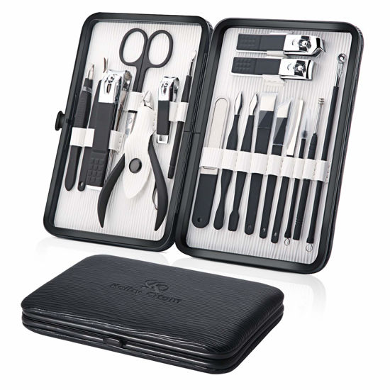 Picture of Keiby Citom Professional Stainless Steel Nail Clipper Travel & Grooming Kit Nail Tools Manicure & Pedicure Set of 18pcs with Luxurious Case (Black/White)