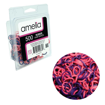 Picture of Amelia Beauty | 500 Count 1/2" Rubber Bands | Premium US Made Rubber Hair Ties | Ideal for Ponytails, Braids & Beards | Strong All Day Hold | Convenient Re-closable Container | Purple and Fuchsia Mix