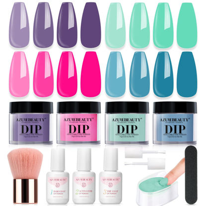 Picture of AZUREBEAUTY Dip Powder Nail Kit Starter, Spring Summer Bright Pastel Green Hot Pink Purple 4 Colors Dipping Powder Liquid Set with Base/Top Coat Activator for French Nail Art Manicure DIY Easter Gift