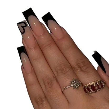 Picture of DANMANR Square Press on Nails Short Fake Nails French Acrylic Full Cover False Nails for Women and Girls 24PCS (Black French)