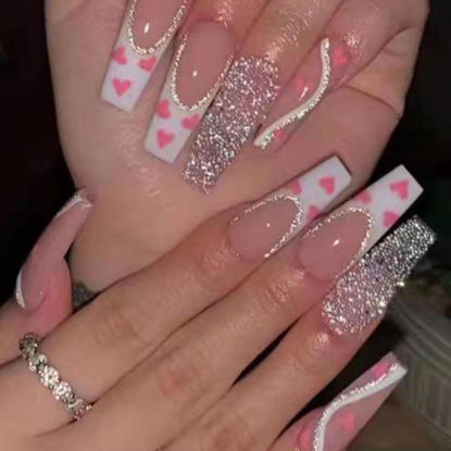 Picture of DANMANR Long Press on Nails Square French Fake Nails Full Cover Nude Acrylic False Nails for Women and Girls 24PCS (Pink Shiny Coffin)
