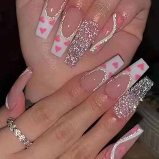 Picture of DANMANR Long Press on Nails Square French Fake Nails Full Cover Nude Acrylic False Nails for Women and Girls 24PCS (Pink Shiny Coffin)