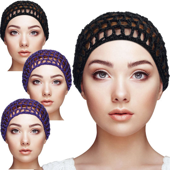 Picture of Geyoga 4 Pieces Mesh Crochet Hair Net Rayon Knit Snood Hat Thick Short Women Hairnet Snoods Cover Ornament for Sleeping (Black, Purple)