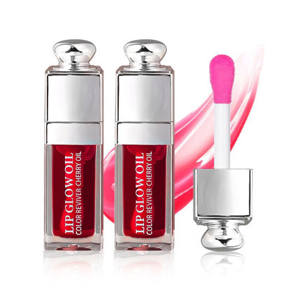 Picture of 2PCS Hydrating Lip Glow Oil, Lip Oil Gloss Transparent Toot Tinted Nourishing Long Lasting Repairing Lightening Lip Lines (CHERRY) 0.2 OZ