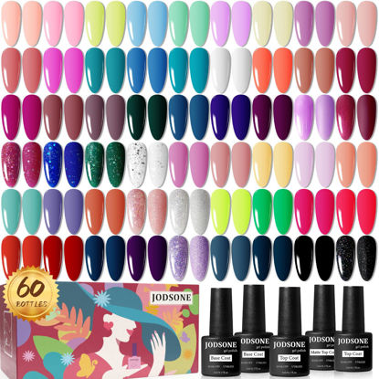 Picture of JODSONE 60 PCS Gel Nail Polish Starter Kit 55 Color Combination of Light and Dark Colors Emerald Green Klein Blue Soak off No Wipe Base Coat Matte and Glossy Top Coat Nail Gel Kit
