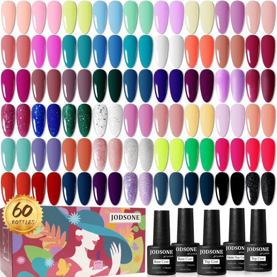 Picture of JODSONE 60 PCS Gel Nail Polish Starter Kit 55 Color Combination of Light and Dark Colors Emerald Green Klein Blue Soak off No Wipe Base Coat Matte and Glossy Top Coat Nail Gel Kit