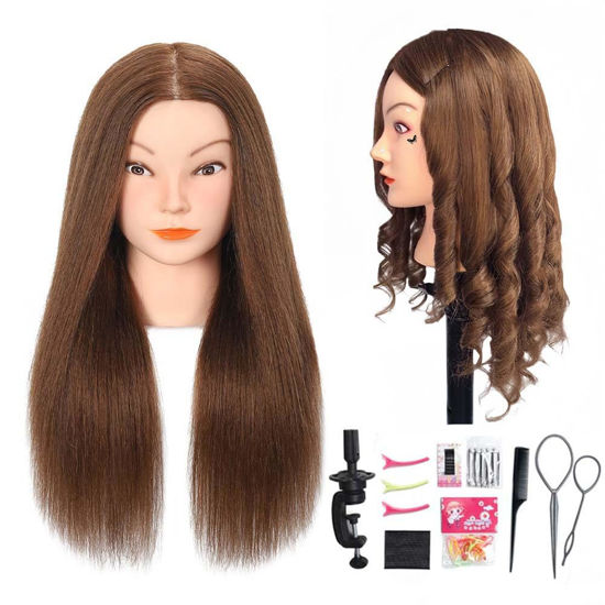 Picture of Opini Mannequin Head with 100% Real Human Hair Cosmetology Mannequin Head to Practice Hairstyles Doll Head Training Head for Hairdresser (Brown)