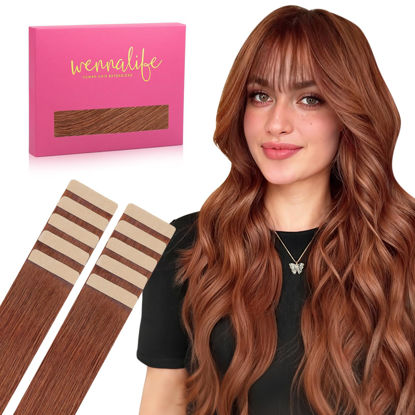 Picture of WENNALIFE Tape in Hair Extensions Human Hair Dark Auburn Copper Tape in Extensions, 10pcs 20g 12 inch Remy Invisible Tape Ins Straight Colored Soft Real Human Hair Tape in Extensions Refill Set Extens