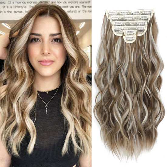 Picture of FLIACE Hair Extensions Clip ins, 6 PCS Wavy Extensions, Light Brown&Ash Blonde Thick Hairpieces, Blends Well Hair Extensions (20Inch, 6PCS, Light Brown&Ash Blonde)