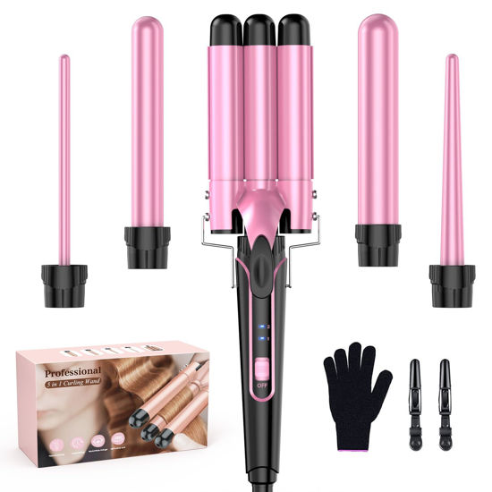Picture of Waver Curling Iron Curling Wand - BESTOPE PRO 5 in 1 Curling Wand Set with 3 Barrel Hair Crimper for Women, Fast Heating Crimper Wand Curler in All Hair Type, Women Gifts - Pink