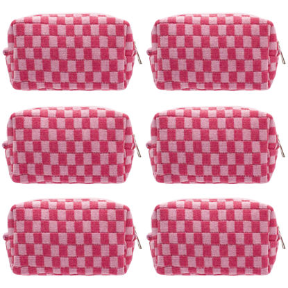 Picture of PAZIMIIK Checkered Makeup Bag for Purse Portable Zipper Make Up Pouch Small Cosmetic Case for Travel Accessories (6PCS Hotpink)