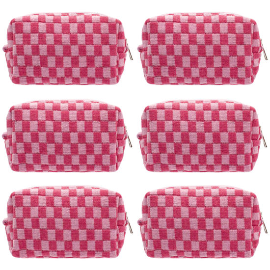 Picture of PAZIMIIK Checkered Makeup Bag for Purse Portable Zipper Make Up Pouch Small Cosmetic Case for Travel Accessories (6PCS Hotpink)