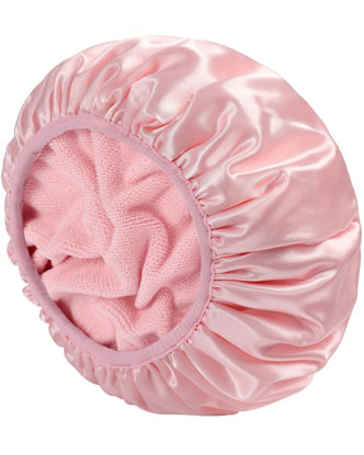Picture of YIZIJIZI Terry Lined Shower Cap,Triple Layer Large Cap for Women,Shower Cap Reusable Waterproof,Long Thick Hair(Pink)