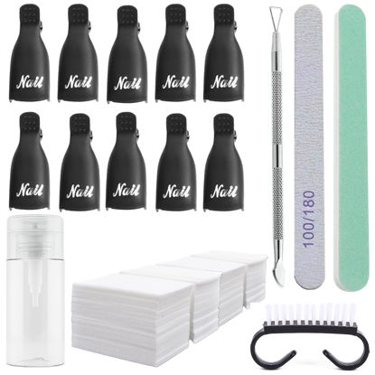 Picture of Ponjowl Gel Nail Polish Remover Kit with 10pcs Black Nail Polish Remover Clips Cap, Acetone Nail Dispenser Bottle, Polish Cuticle Pusher, 400 PCS Cotton Pads, Handle Brushes, Nail File, Buffer Block.