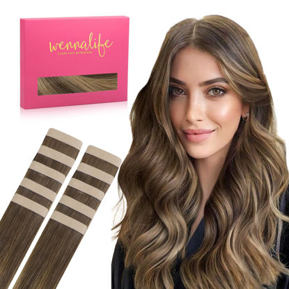 Picture of WENNALIFE Tape in Hair Extensions Human Hair Balayage Chocolate Brown to Caramel Blonde Tape in Extensions, 10pcs 20g 12 inch Remy Invisible Tape Ins Straight Soft Real Human Hair Tape in Extensions