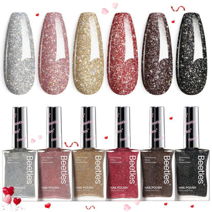 Picture of Beetles Glitter Nail Polish Set, 6 Color Silver Pink Gold Red Brown Black Quick Air Dry Nail Polish Natural Elegant Nail Lacquer Manicure DIY Nail Art Salon Valentines Gifts For Women