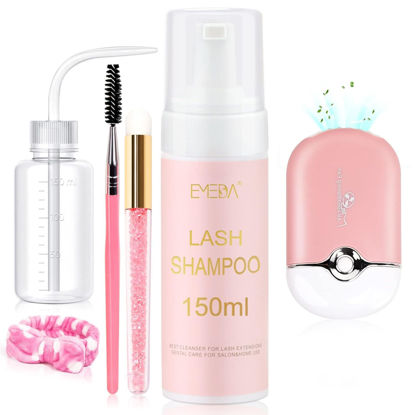 Picture of EMEDA Lash Shampoo for Lash Extensions Lash Cleaning Kit 150ml with Lash Fan Dryer Lash Extension Cleanser Oil Free Foam Soap Lash Bath with Rinse Bottle, Brush, Hair Band