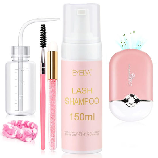Picture of EMEDA Lash Shampoo for Lash Extensions Lash Cleaning Kit 150ml with Lash Fan Dryer Lash Extension Cleanser Oil Free Foam Soap Lash Bath with Rinse Bottle, Brush, Hair Band
