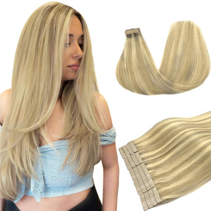 Picture of DOORES Human Hair Extensions Tape in Balayage Dark Brown to Chestnut Brown and Dirty Blonde 24 Inch 50g 20pcs Tape in Remy Hair Extensions Natural Hair Extensions Human Hair Skin Weft