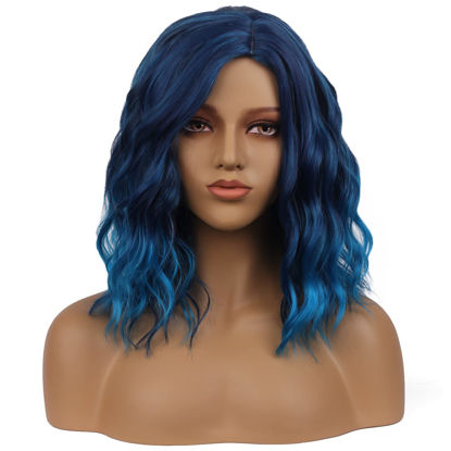 Picture of BERON 14" Women Girls Short Curly Wavy Bob Wig Rose Net with Wig Cap (Blue Ombre)