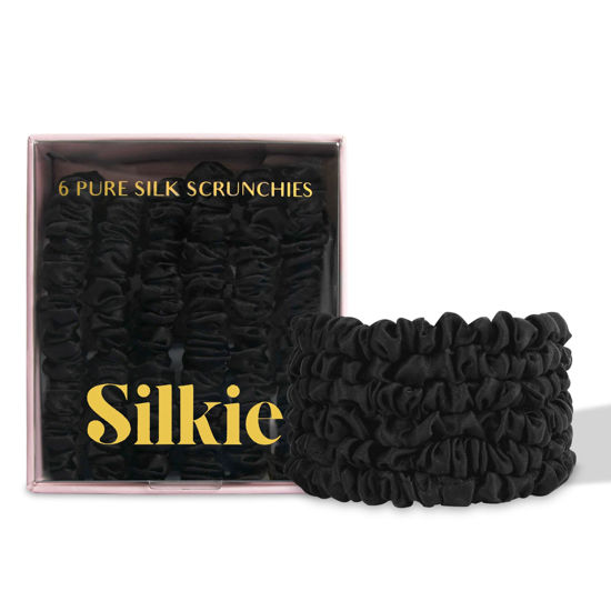 Picture of SILKIE x6 Set 100% Pure Mulberry Silk Black Noir Dark Midnight Neutral Skinny Scrunchies Travel Pouch Everyday Hair Ties Elastics Hair Care Ponytail Holder No Damage (Midnight)