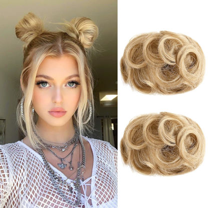 Picture of REECHO 2 PCS Mini Claw Clip in Messy & Cat Ears Hair Bun Extensions Wig Accessory Updo Hairpieces for Women Girls (Pack of 2-3.5" Wavy, Golden Blonde)