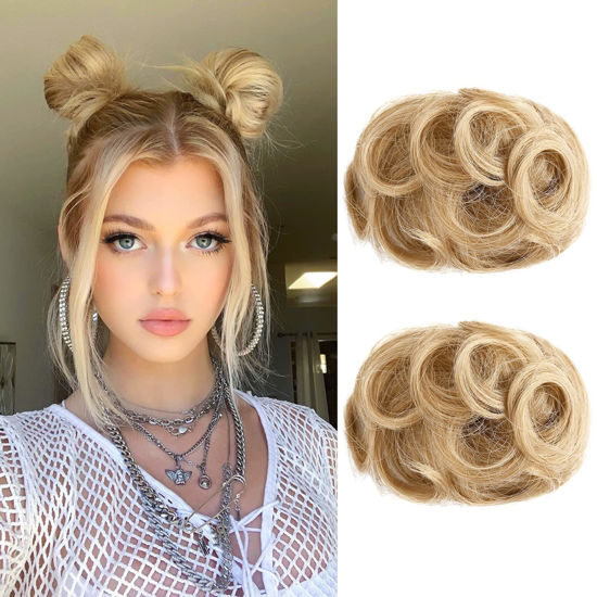 Picture of REECHO 2 PCS Mini Claw Clip in Messy & Cat Ears Hair Bun Extensions Wig Accessory Updo Hairpieces for Women Girls (Pack of 2-3.5" Wavy, Golden Blonde)