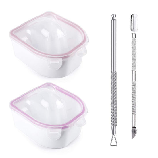 Picture of Nail Soaking Bowl, 2PCS Soak Off Gel Polish Dip Powder Remover Manicure Bowl with Triangle Cuticle Peeler and Stainless Steel Cuticle Pusher Nail Art Tool (Pink)