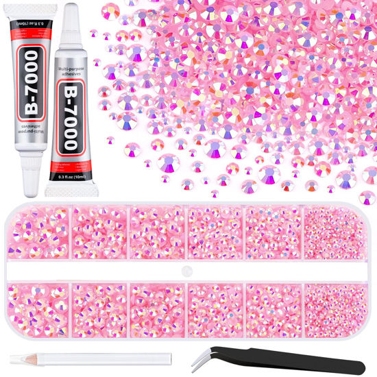 Picture of 6100Pcs Jelly Resin Rhinestones for Crafting with 2Pcs 10ml B7000 Jewelry Glue, 1 Box Flatback Crystals Diomand (Light Pink AB) for Bedazzling Crafts DIY Nail Art，Non Hotfix Gems for Clothing Shoes