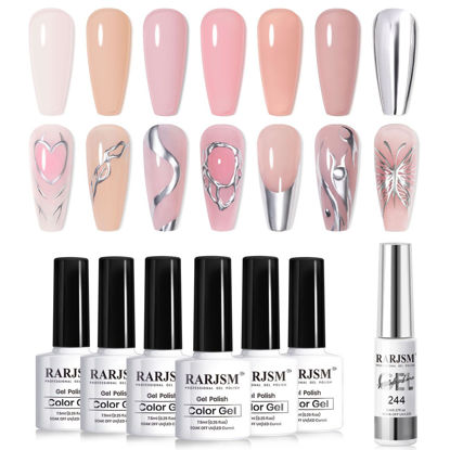 Picture of RARJSM Nude Gel Nail Polish Set 6 Colors with Metallic Silver Chrome Gel Liner Sheer Jelly Gray Pale Rose Apricot Pink Gel Polish Transparent French Manicure Neutral Gel Varnish LED UV Curing Requires