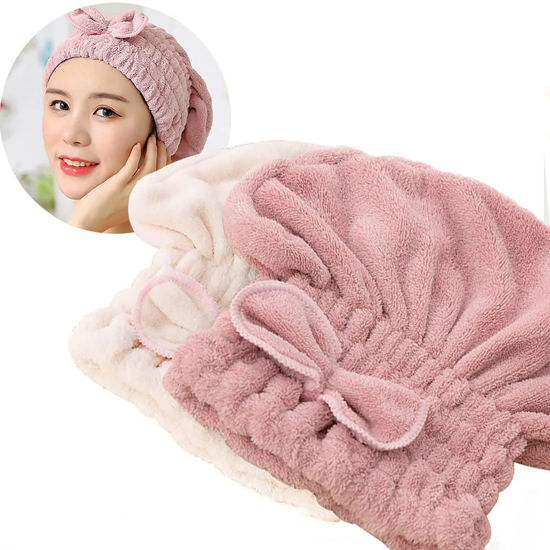 Picture of Jseng 2PC Microfiber Hair Drying Caps, Extrame Soft & Ultra Absorbent, Fast Drying Hair Turban Wrap Towels Thick Fluffy Shower Cap for Girls and Women