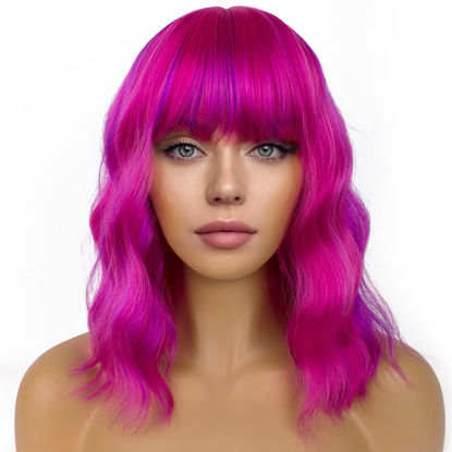 Picture of LANCAINI Short Bob Wigs with Bangs for Women Loose Wavy Wig Curly Wavy Shoulder Length Bob Synthetic Cosplay Wig for Girl Colorful Costume Wigs (Rose mixed Purple)