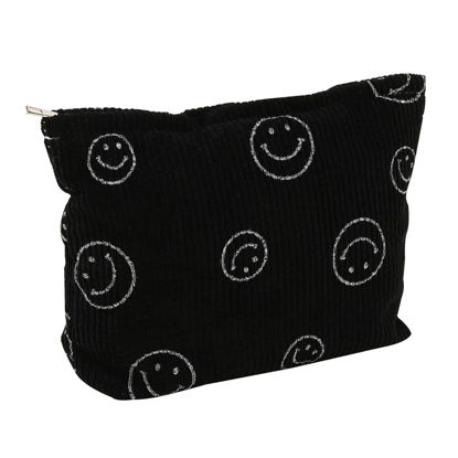 Picture of Cosmetic Bags for Women - Corduroy Cosmetic Bag Aesthetic Women Handbags Purses Smile Dots Makeup Organizer Storage Makeup Bag Girls Case Bags (Black)