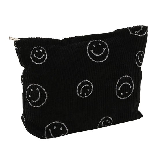 Picture of Cosmetic Bags for Women - Corduroy Cosmetic Bag Aesthetic Women Handbags Purses Smile Dots Makeup Organizer Storage Makeup Bag Girls Case Bags (Black)