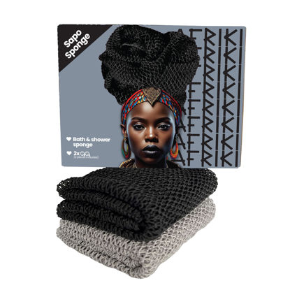 Picture of AFRIKI African Net Sponge, African Exfoliating Sponge, Black Owned, Exfoliating Washcloth, Body Exfoliator for Bath and Shower, Back Scrubber, Dead Skin Remover (Black, Grey, 1 Count (Pack of 2))