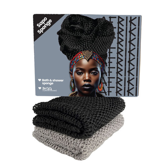 Picture of AFRIKI African Net Sponge, African Exfoliating Sponge, Black Owned, Exfoliating Washcloth, Body Exfoliator for Bath and Shower, Back Scrubber, Dead Skin Remover (Black, Grey, 1 Count (Pack of 2))