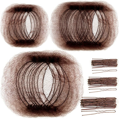 Picture of Teenitor Hair Accessories Hair Net Set, Includes 40pcs Invisible Hair Nets for Ballet Recital & 80pcs Bobby Pins for Bun Maker, Brown, 3 Size