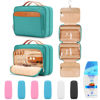 Picture of Travel Hanging Toiletry Bag for Women, Large Makeup Bag 8 Leak Proofing Silicone Bottle Covers, Waterproof Cosmetic Bag with Jewelry Organizer Compartment, Toiletries Kit Set, Blue