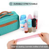 Picture of Travel Hanging Toiletry Bag for Women, Large Makeup Bag 8 Leak Proofing Silicone Bottle Covers, Waterproof Cosmetic Bag with Jewelry Organizer Compartment, Toiletries Kit Set, Blue