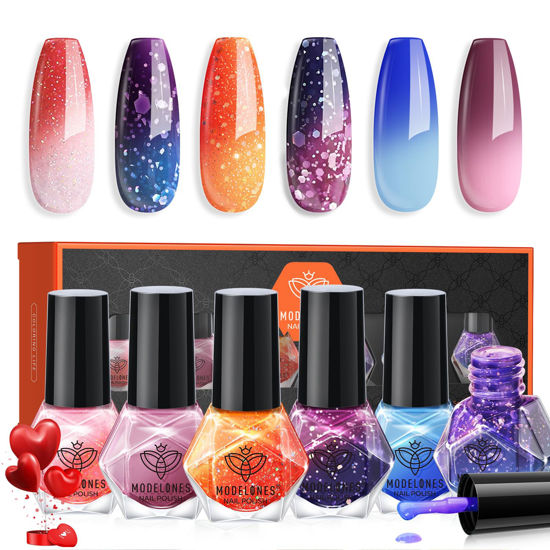 Picture of modelones Color Changing Nail Polish Set, 6 Colors Winter Pink Blue Purple Orange Neon Mood Temperature Change Ombre Quick Dry Mini Nail Polish Manicure DIY Nail Art Salon Valentine's Gift