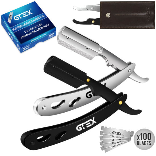 Picture of Straight Razors For Men 100 GTEX Barber Razor Blades - 2 Professional Straight Razor Single Blade Razors for Men Navajas Para Barbero Straight Edge Razor Barber Beard Razor Shavette Shaving Razor Kit