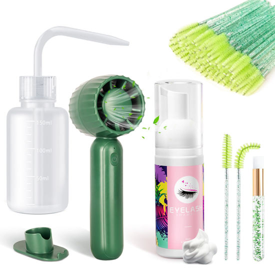 Picture of Buqikma Lash Shampoo Kit - Eyelash Extension Cleanser for Extensions 60ML with Rechargeable Handheld Lash Fan Dryer Mascara Brush Rinse Bottle Makeup Cleansing Foam for Lash Care