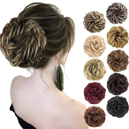Picture of MORICA 1PCS Messy Hair Bun Hair Scrunchies Extension Curly Wavy Messy Synthetic Chignon for Women (Dark Brown & Ash Blonde)