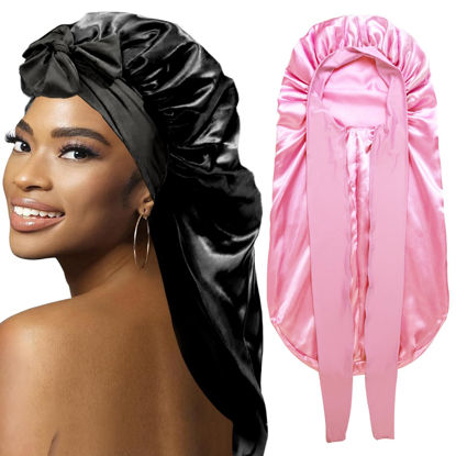 Picture of 2Pcs Bonnets for Black Women Braid Bonnet, Large Long Satin Bonnet for Braids, Silk Bonnet with Stretchy Tie Band Sleep Cap Hair (2Pcs-Black&Pink)