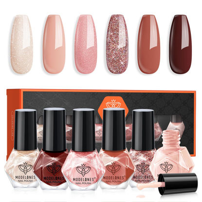 Picture of modelones Nail Polish Set 6 Colors, White Brown Nude Burgundy Pink Quick Dry Mini Nail Lacquer Kit, Glitter Shimmer Sparkle Red Nail Art, DIY Home Salon Manicure Gift for Women Girl