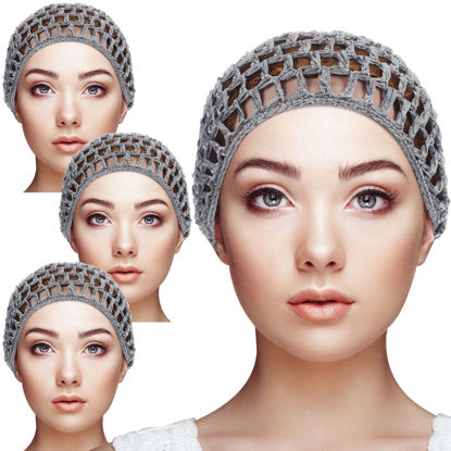 Picture of 4 Pieces Mesh Crochet Hair Net Rayon Knit Snood Hat Thick Short Women Hairnet Snoods Cover Ornament for Sleeping (Gray)